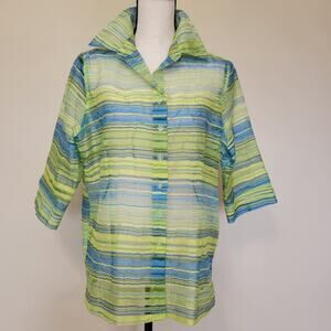 NWOT TanJay 10P Sheer Blouse Top Cover Up 3/4 Button Sleeve Button Front Collar